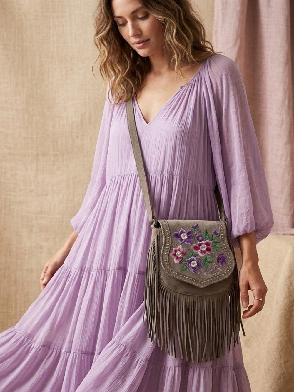 Myra Mojave Meadow Leather Bag in Wild Clay- Boho Floral Fringe Crossbody